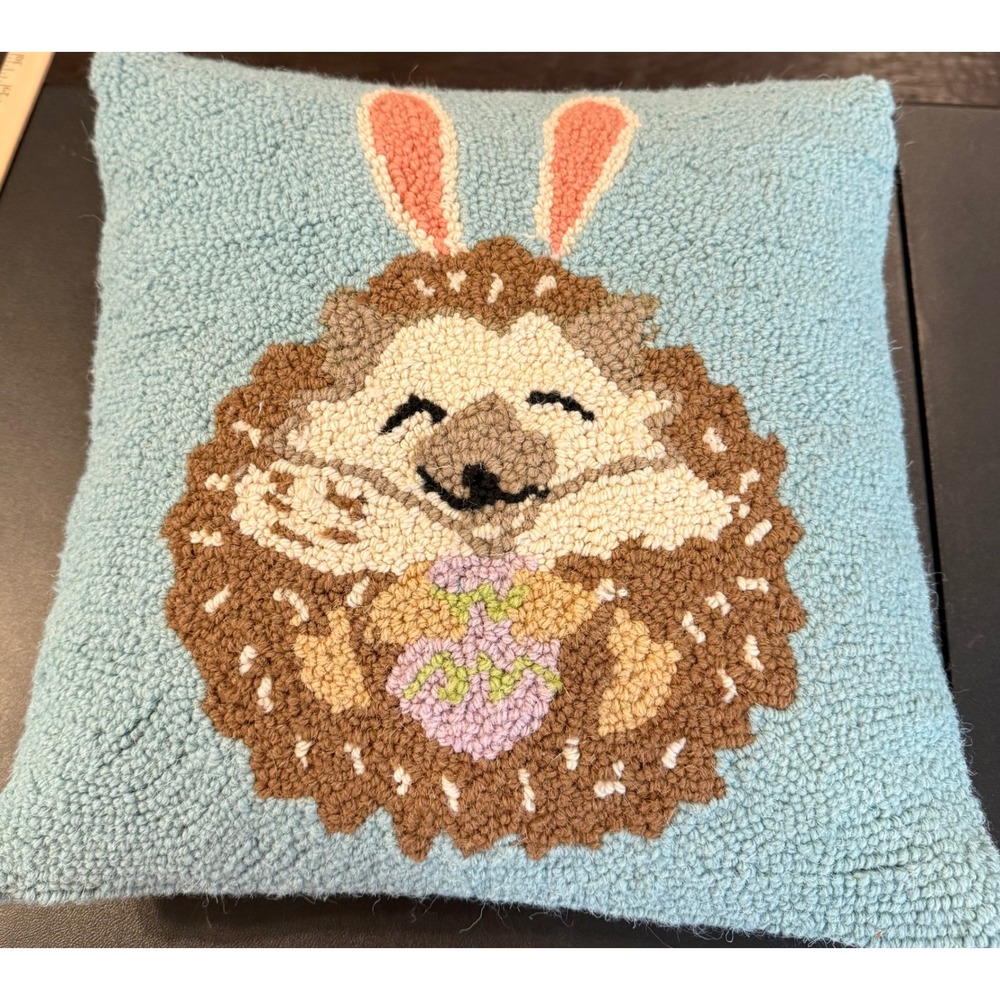 Throw Pillow Blue Hedgehog Bunny Easter Wool Hooked 16 x 16 Spring Decor